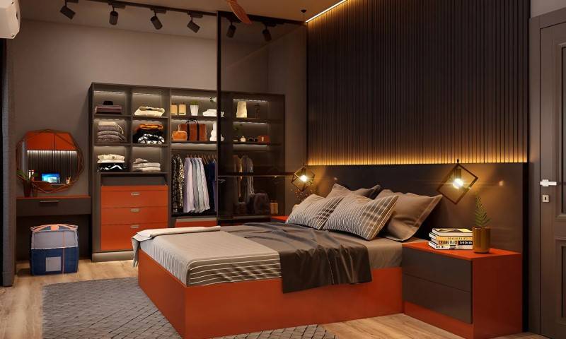 Sự kết hợp ăn ý giữa các tông màu cam và đen tạo nên không gian ấm áp, hiện đại và độc đáo.