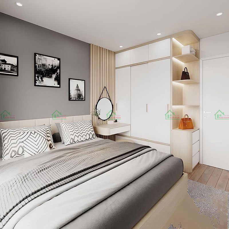Phòng ngủ được thiết kế với các giải pháp nội thất đa chức năng, giúp tiết kiệm không gian và nâng cao tiện ích.