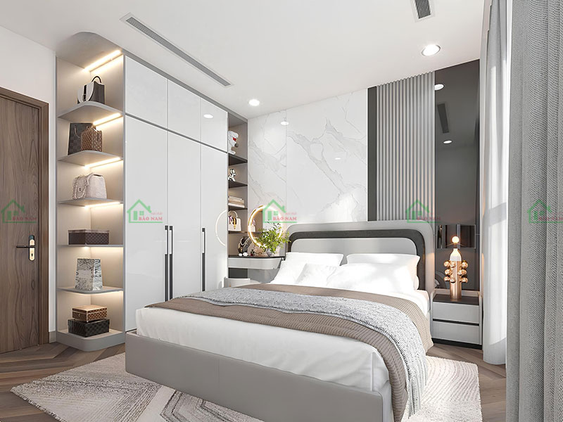 Phòng ngủ phong cách Modern Luxury với thiết kế sang trọng, sử dụng vật liệu cao cấp và ánh sáng tạo điểm nhấn.