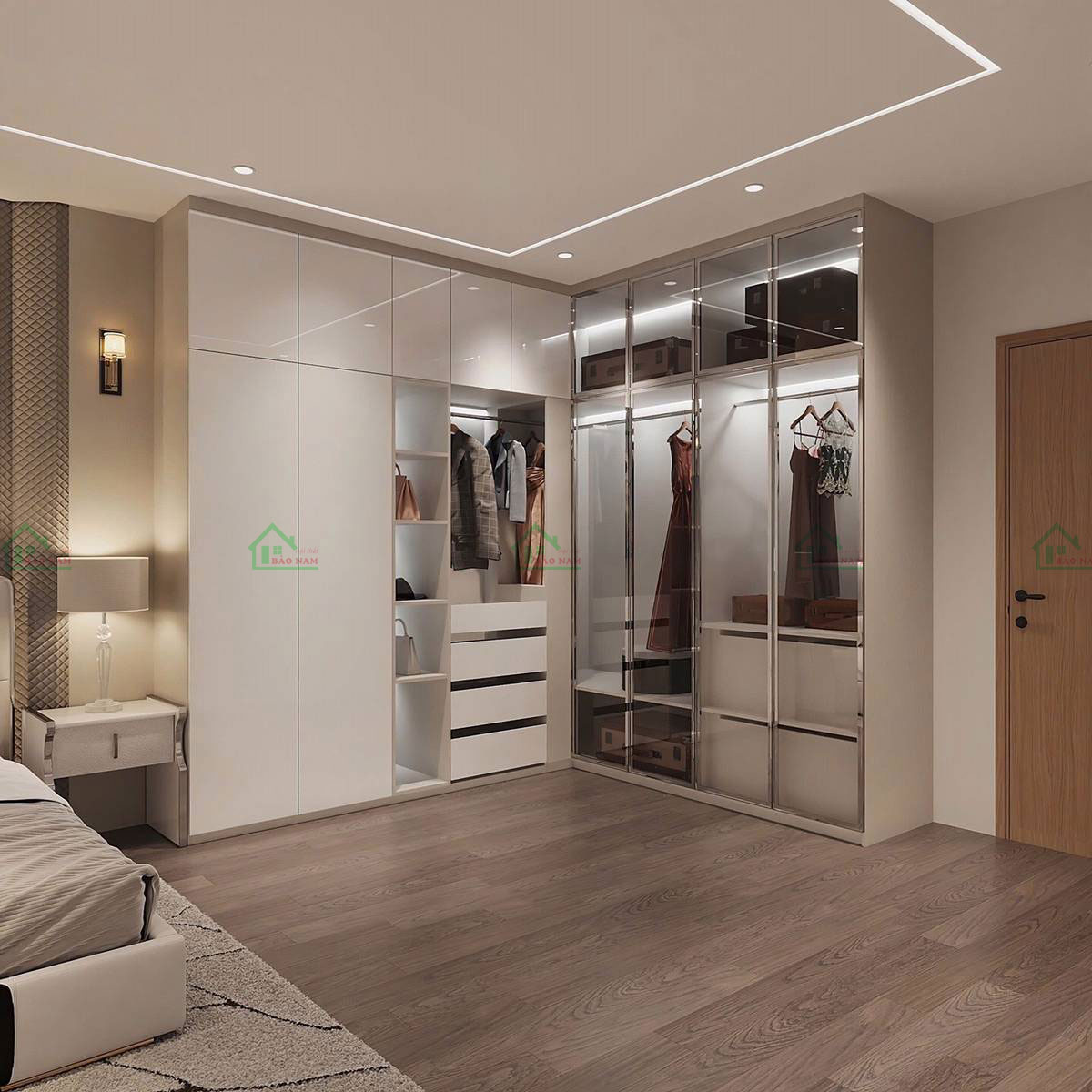 Tủ áo gỗ MDF chữ L kịch trần cánh kính acrylic hiện đại.