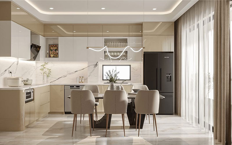 Tủ bếp Acrylic bóng gương hiện đại – phản xạ ánh sáng tốt