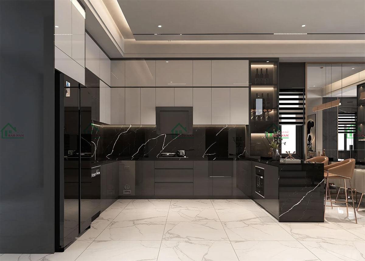 Tủ bếp acrylic trắng đen hiện đại