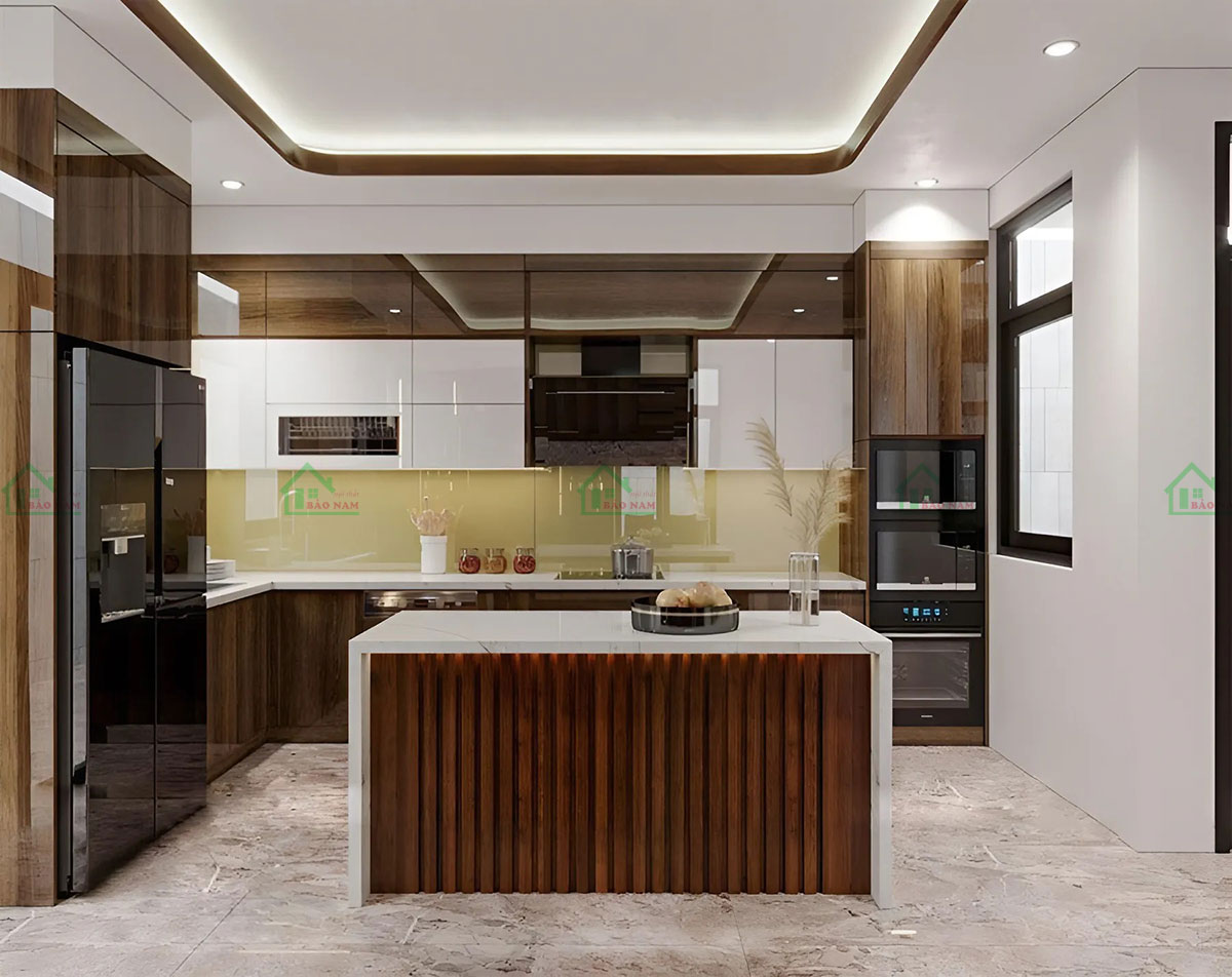 Tủ bếp Acrylic vân gỗ chữ L giá rẻ