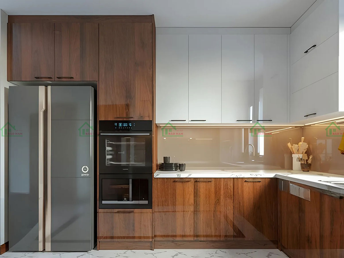 Mẫu tủ bếp acrylic chữ L vân gỗ đẹp hiện đại