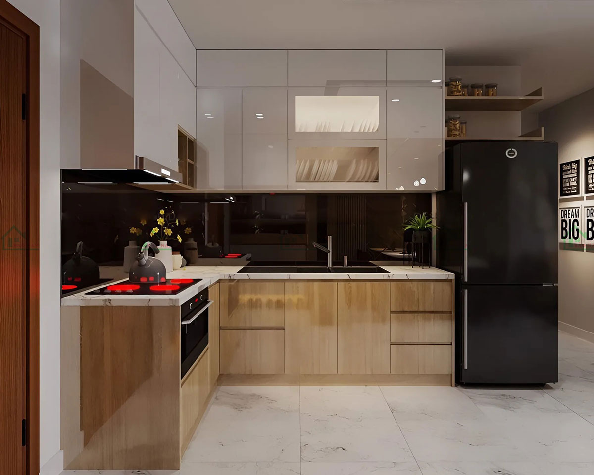 Tủ bếp Acrylic vân gỗ giá rẻ, thiết kế hiện đại