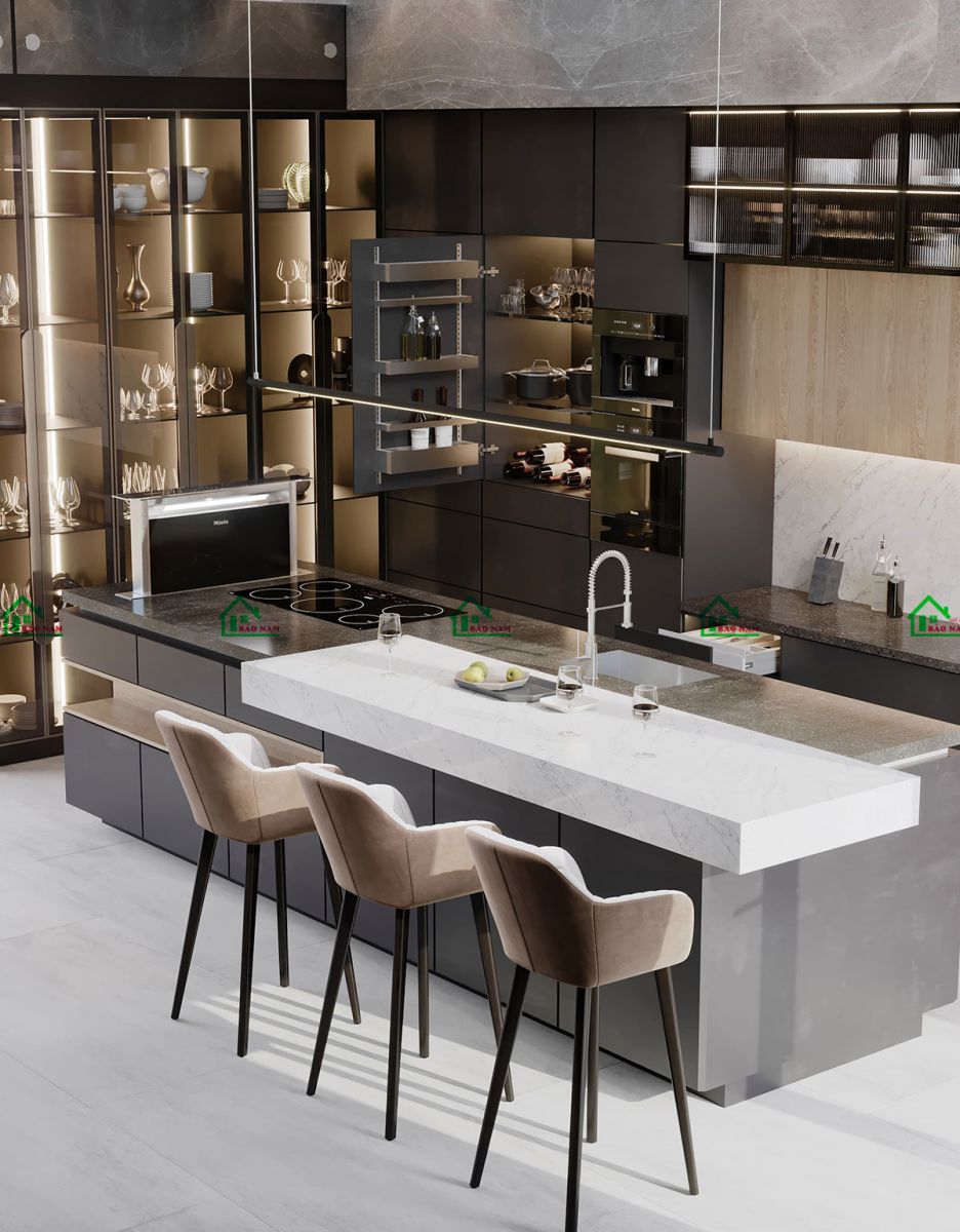 Mẫu tủ bếp đẹp phong cách Metallic kết hợp quầy bar đẳng cấp