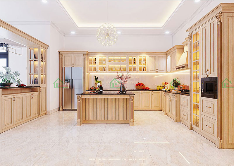 Tủ bếp chữ U gỗ Sồi – cao cấp – bền trên 20 năm