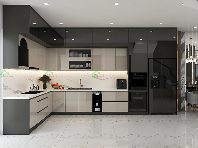 Mẫu tủ bếp chung cư hiện đại với thiết kế sang trọng, tích hợp đầy đủ tiện nghi.