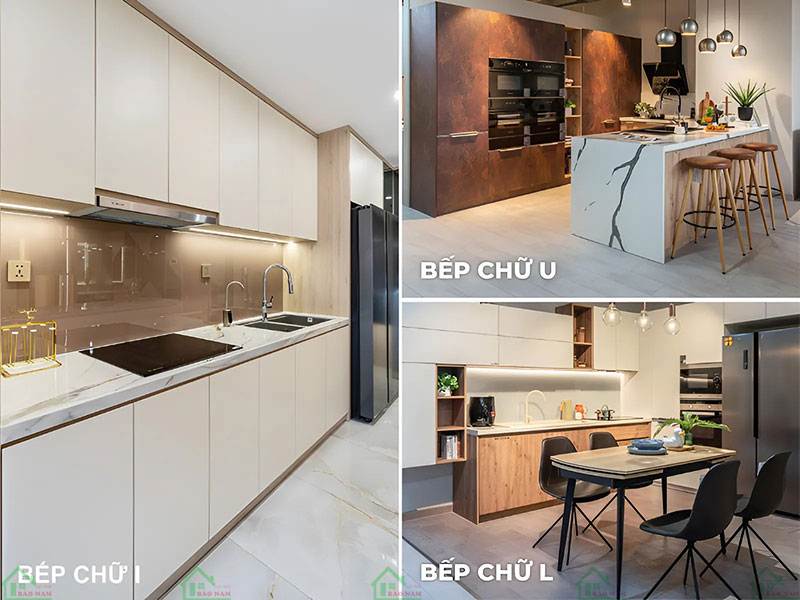 Thiết kế tủ bếp hiện đại tối ưu không gian, với kiểu dáng chữ L, I, U, gọn gàng và tiện nghi.