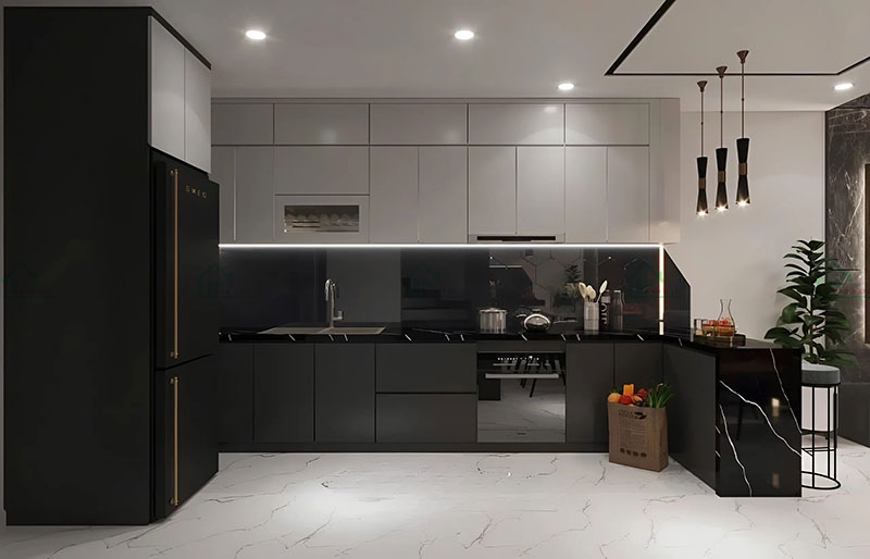 Tủ bếp hiện đại thiết kế chữ L tối giản, kết hợp màu đen và xám trắng, tạo không gian bếp sang trọng và tinh tế.