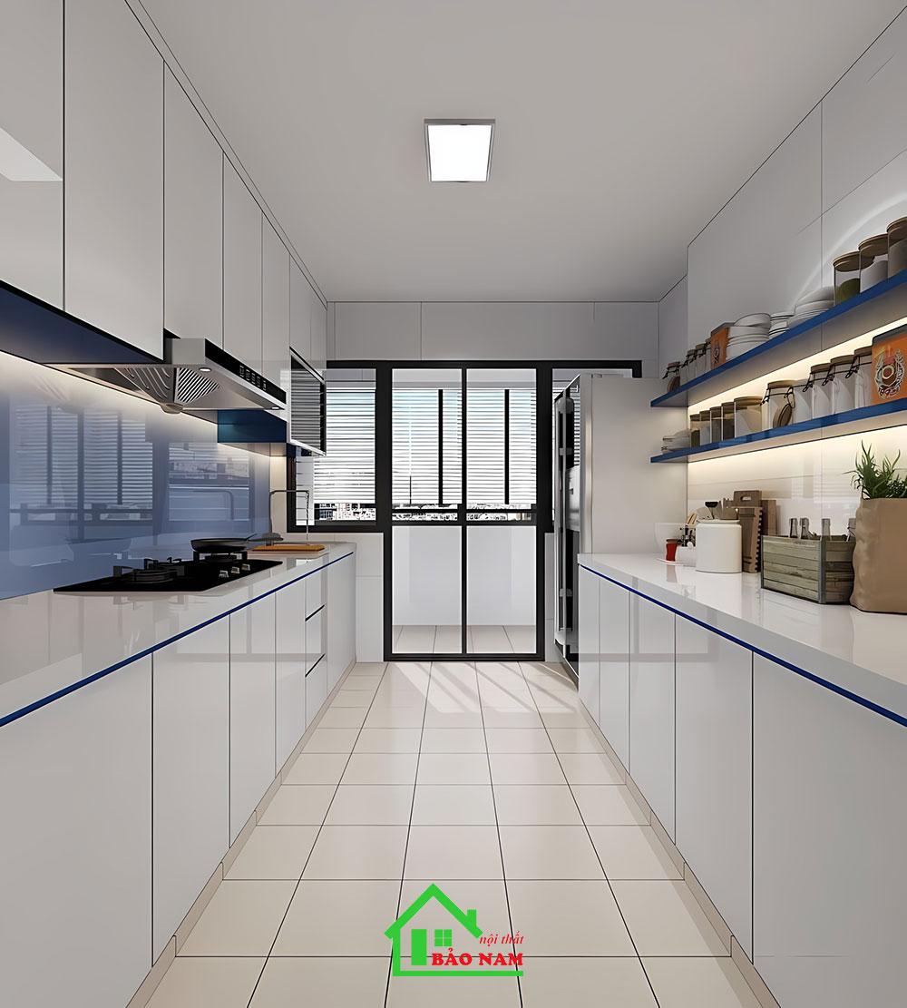 Thiết kế tủ bếp song song cho phép tận dụng tối đa không gian lưu trữ và bề mặt làm việc.