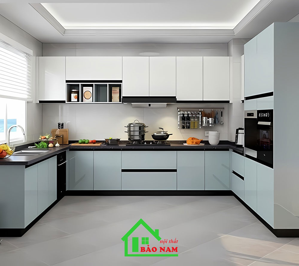 Tủ bếp nhựa Acrylic cao cấp có thiết kế tinh tế và hiện đại, với các đường nét mềm mại và đa dạng màu sắc