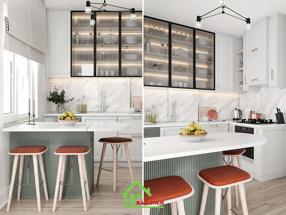 Thiết kế tủ bếp phong cách Scandinavia đơn giản, tinh tế, tận dụng ánh sáng tự nhiên kết hợp màu sắc nhạt, tươi sáng
