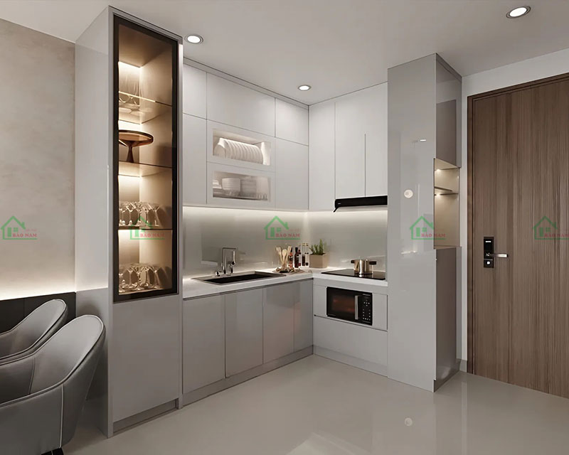 Thiết kế tủ bếp hiện đại với chất liệu Acrylic bóng gương, sang trọng và dễ vệ sinh. Thiết kế tủ bếp hiện đại với chất liệu Acrylic bóng gương, sang trọng và dễ vệ sinh.