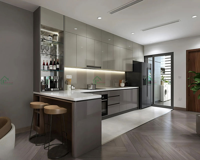 Tủ bếp acrylic hiện đại với quầy bar nhỏ, tích hợp giá rượu và máy pha cà phê, tạo không gian bếp đa năng và tiện nghi. Tủ bếp acrylic hiện đại với quầy bar nhỏ, tích hợp giá rượu và máy pha cà phê, tạo không gian bếp đa năng và tiện nghi.