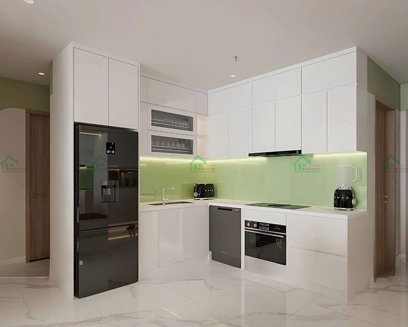 Thiết kế bếp hiện đại, màu trắng chủ đạo, mang lại cảm giác sạch sẽ và thoáng đãng Thiết kế bếp hiện đại, màu trắng chủ đạo, mang lại cảm giác sạch sẽ và thoáng đãng
