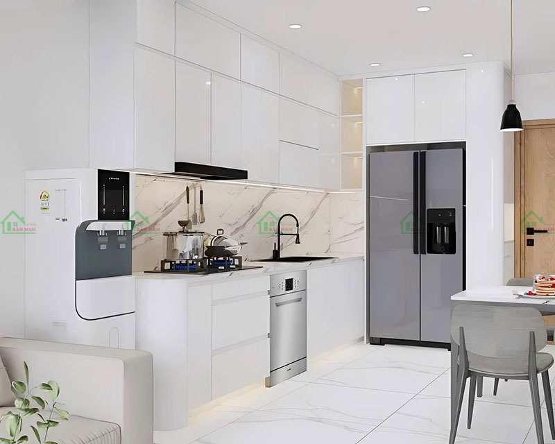 Tủ bếp màu trắng nhỏ gọn, được bố trí hợp lý, tận dụng tối đa không gian Tủ bếp màu trắng nhỏ gọn, được bố trí hợp lý, tận dụng tối đa không gian