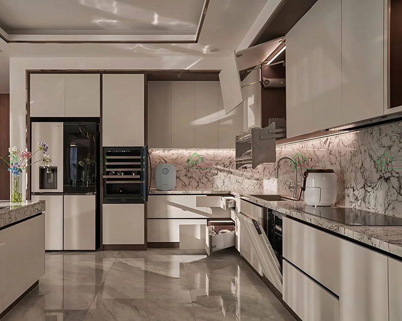 Tủ bếp acrylic cao cấp kết hợp trang thiết bị bếp thông minh, tiện ích Tủ bếp acrylic cao cấp kết hợp trang thiết bị bếp thông minh, tiện ích