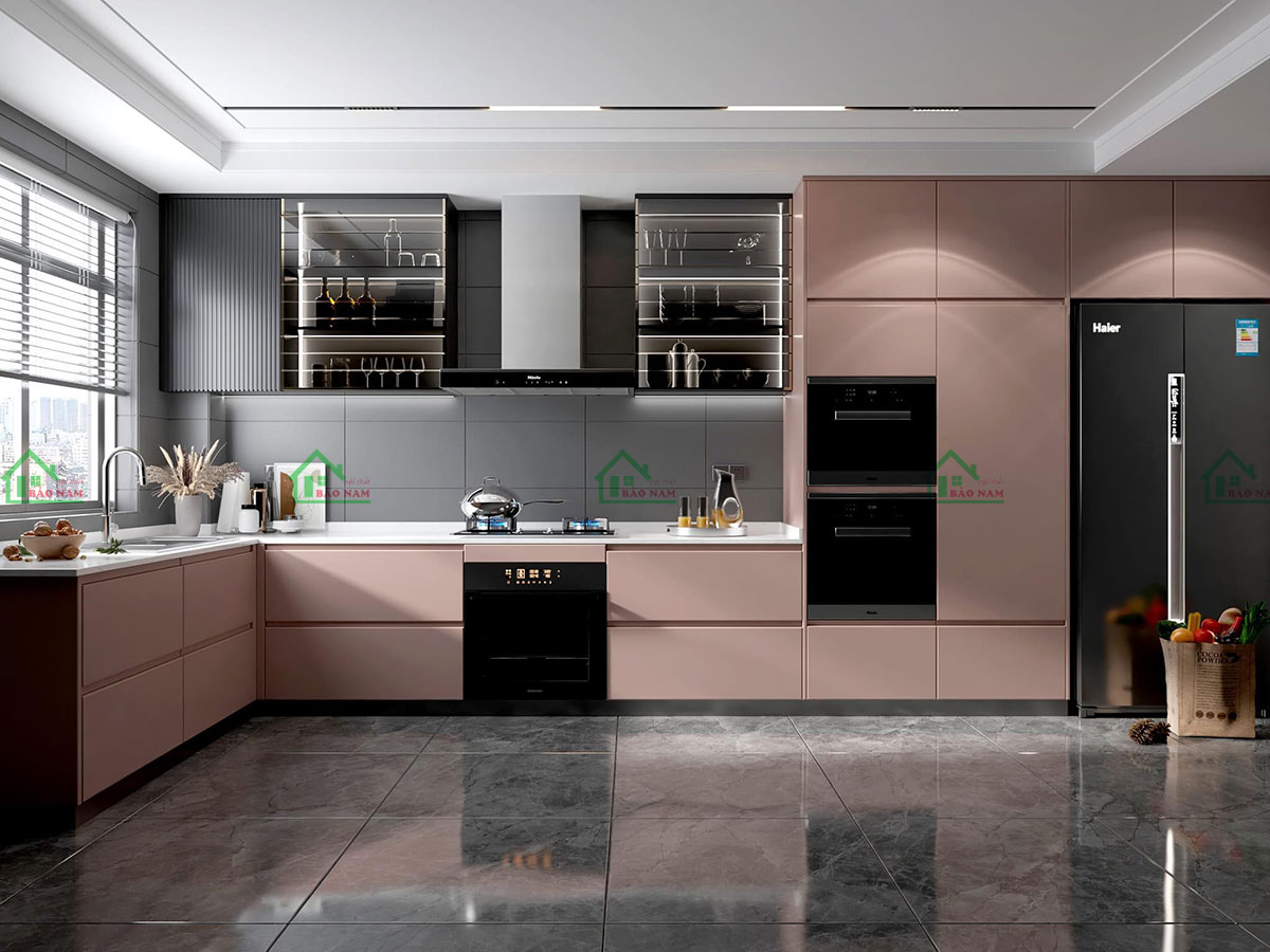 Mẫu tủ bếp đẹp tông màu hồng cuốn hút