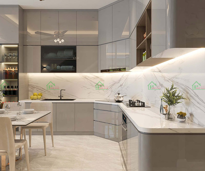 Thiết kế tủ bếp chữ L tận dụng góc kết hợp phụ kiện bếp thông minh, đa năng