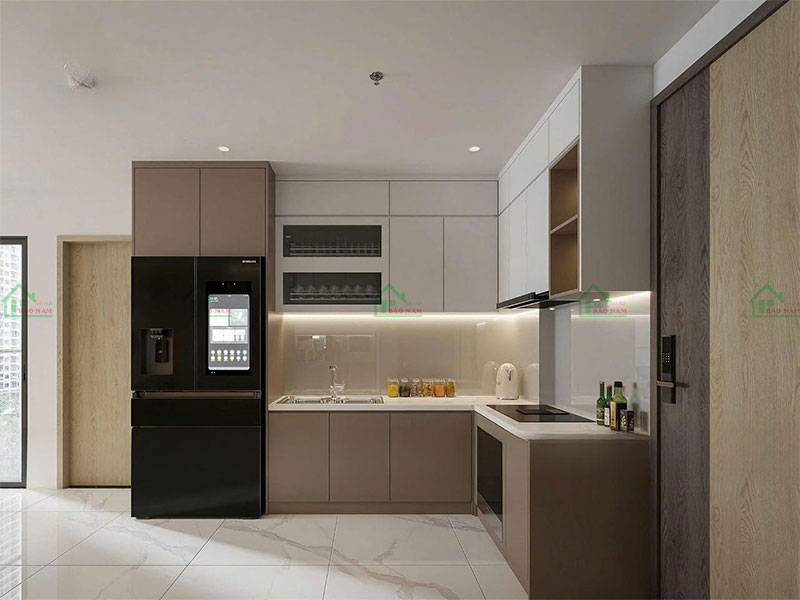 Tủ bếp gỗ MDF hiện đại với thiết kế tinh tế, màu sắc hài hòa, tạo không gian bếp sang trọng và tiện nghi.