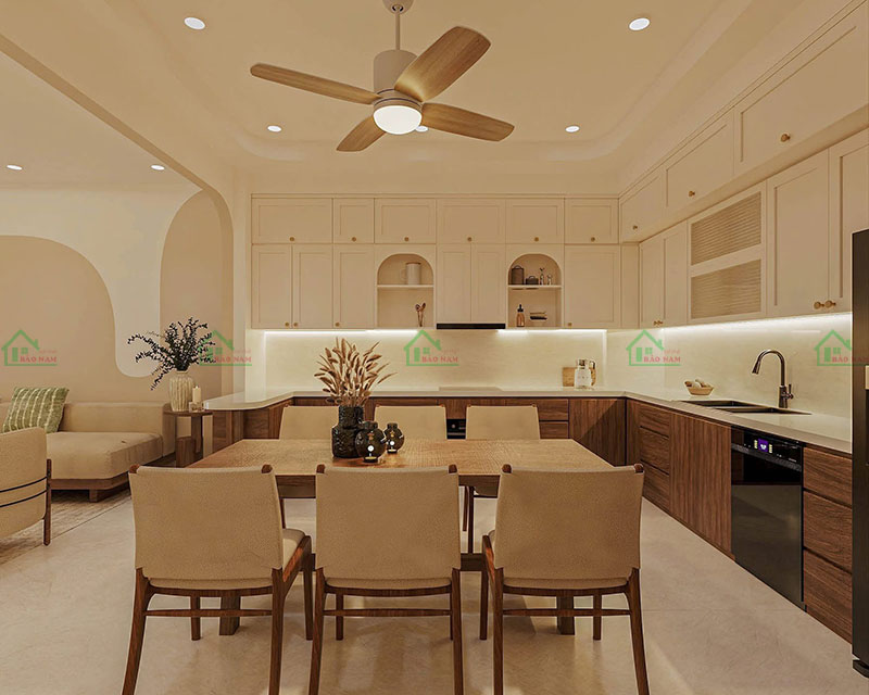 Không gian bếp tân cổ điển với tủ bếp gỗ MDF, mang lại vẻ đẹp thanh lịch và quyến rũ.