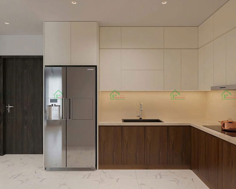 Không gian bếp gỗ MDF ấm cúng với màu sắc tự nhiên.