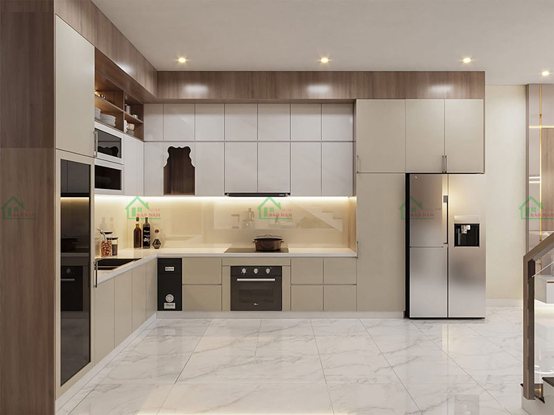 Tủ bếp MDF thiết kế hiện đại với màu sắc thanh lịch.