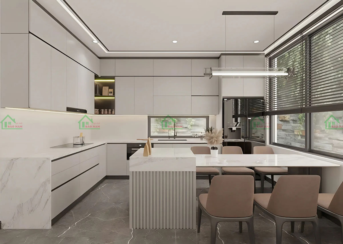 Tủ bếp gỗ MDF phủ melamine chống trầy, bền bỉ và dễ vệ sinh.