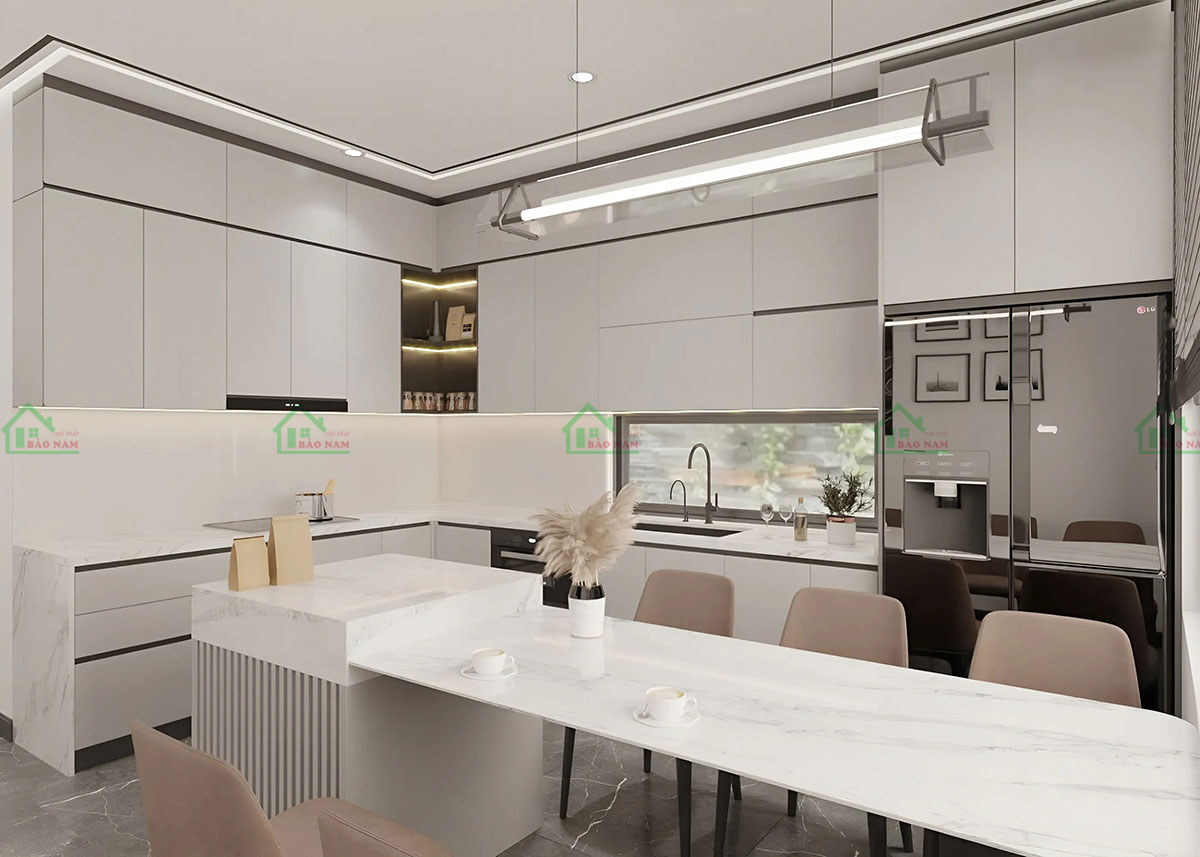 Tủ bếp gỗ MDF hiện đại với thiết kế chữ L sang trọng.
