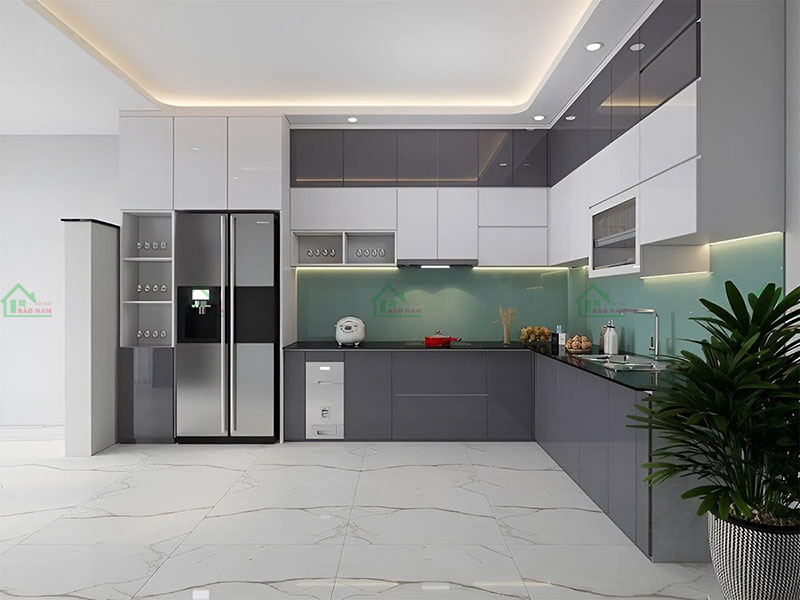 Mẫu tủ bếp chung cư đẹp với bề mặt Acrylic bóng gương sang trọng