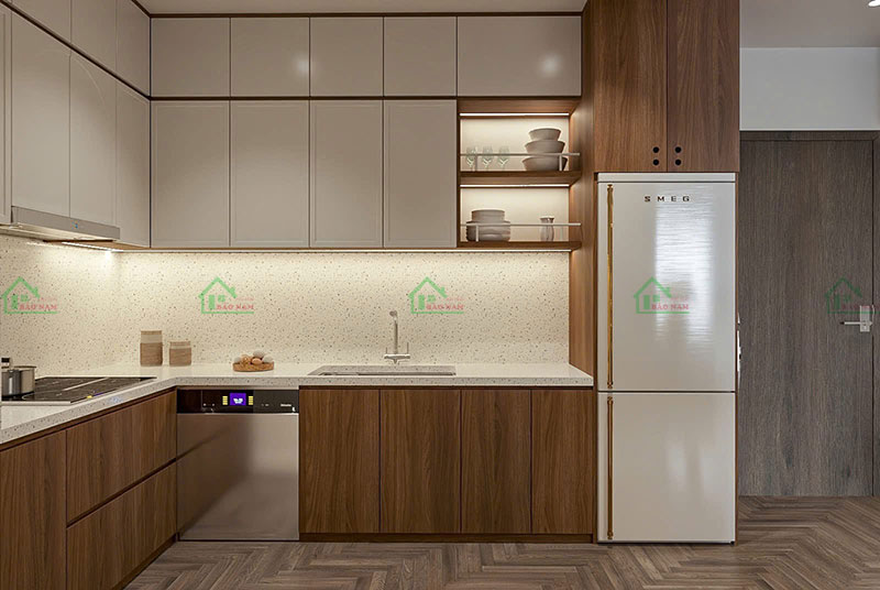 Thiết kế tủ bếp Melamine chống xước bền đẹp, tiết kiệm không gian