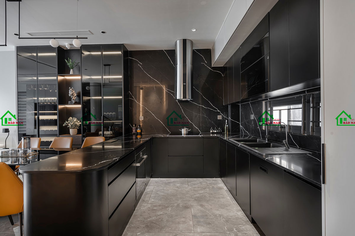 Tủ bếp màu đen Melamine tối giản