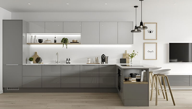 Màu xám nổi bật khi làm tủ bếp phù hợp không gian
