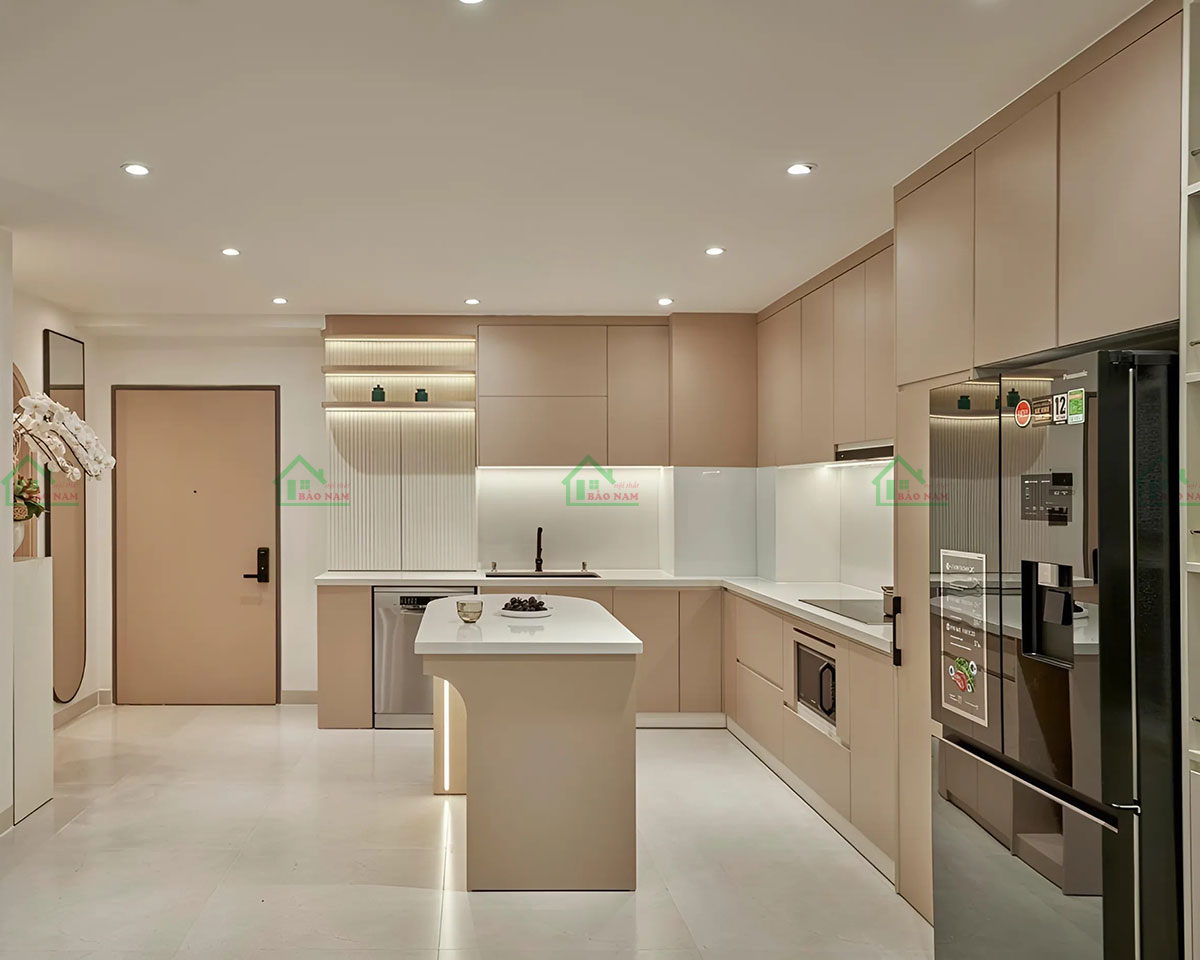 Thiết kế tủ bếp Laminate chữ L tối ưu không gian, tiện nghi cho gia đình