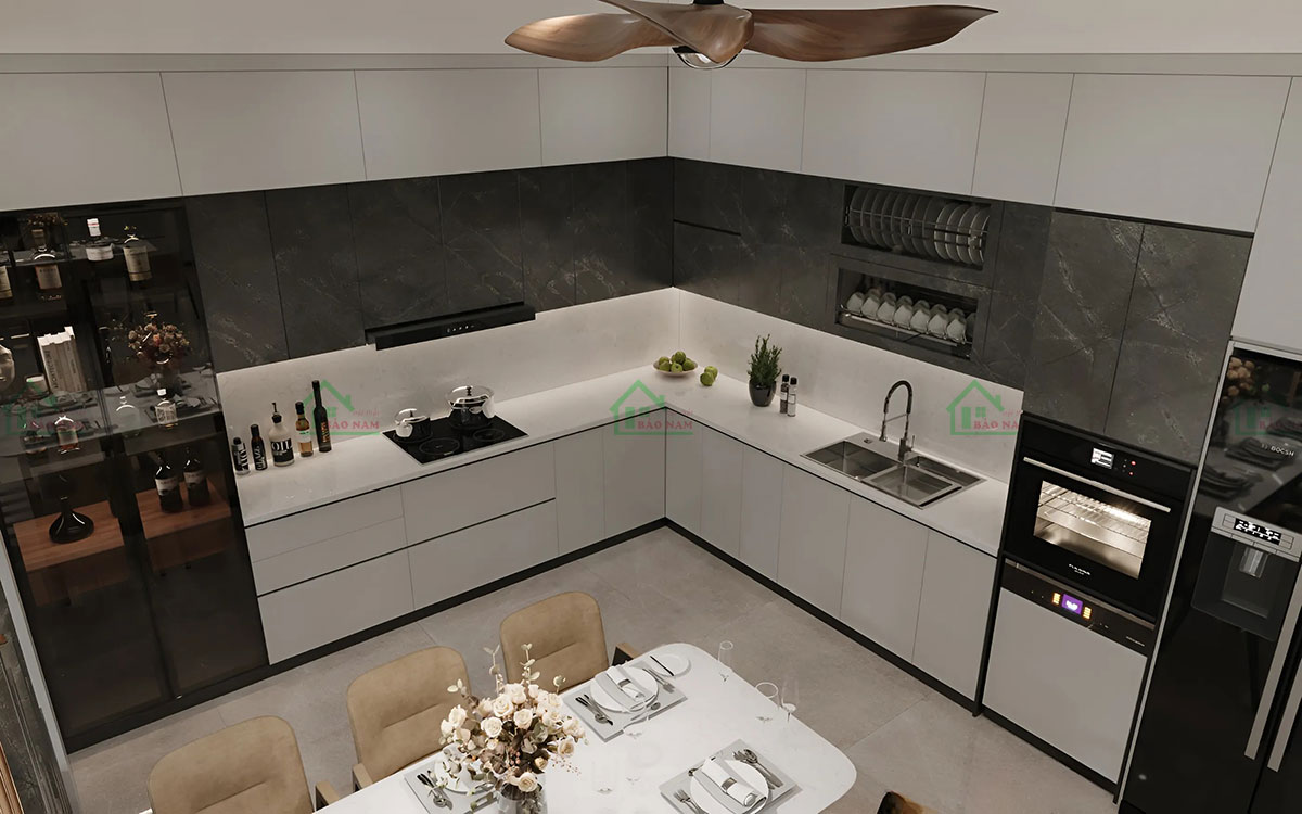 Tủ bếp Laminate tích hợp hệ thống phụ kiện thông minh, hiện đại