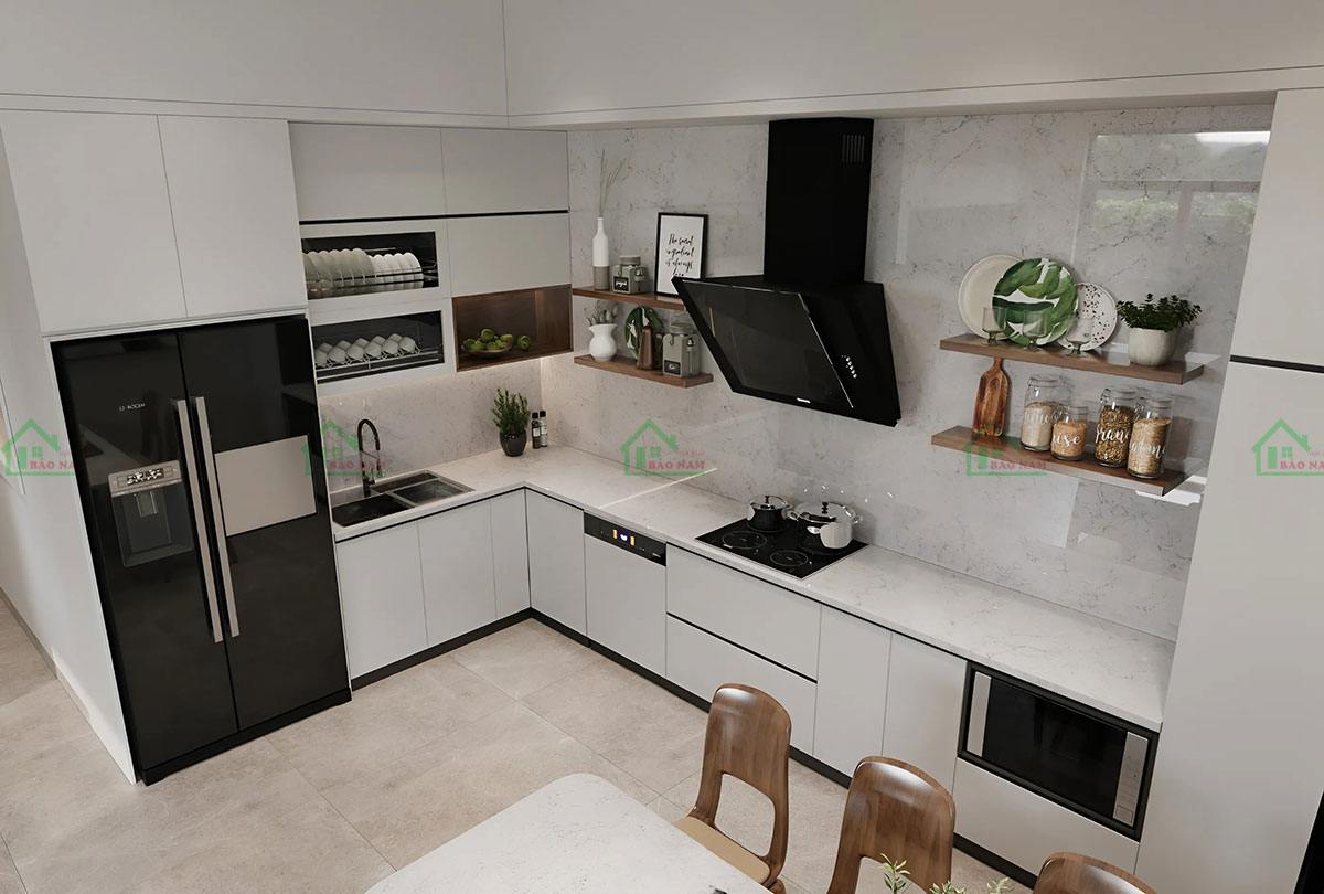 Tủ bếp Laminate màu trắng hiện đại, phù hợp với nhiều loại hình nhà ở