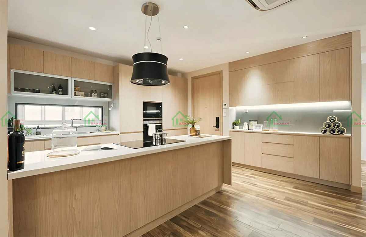 Thi công tủ bếp MDF Veneer giá rẻ, chất lượng