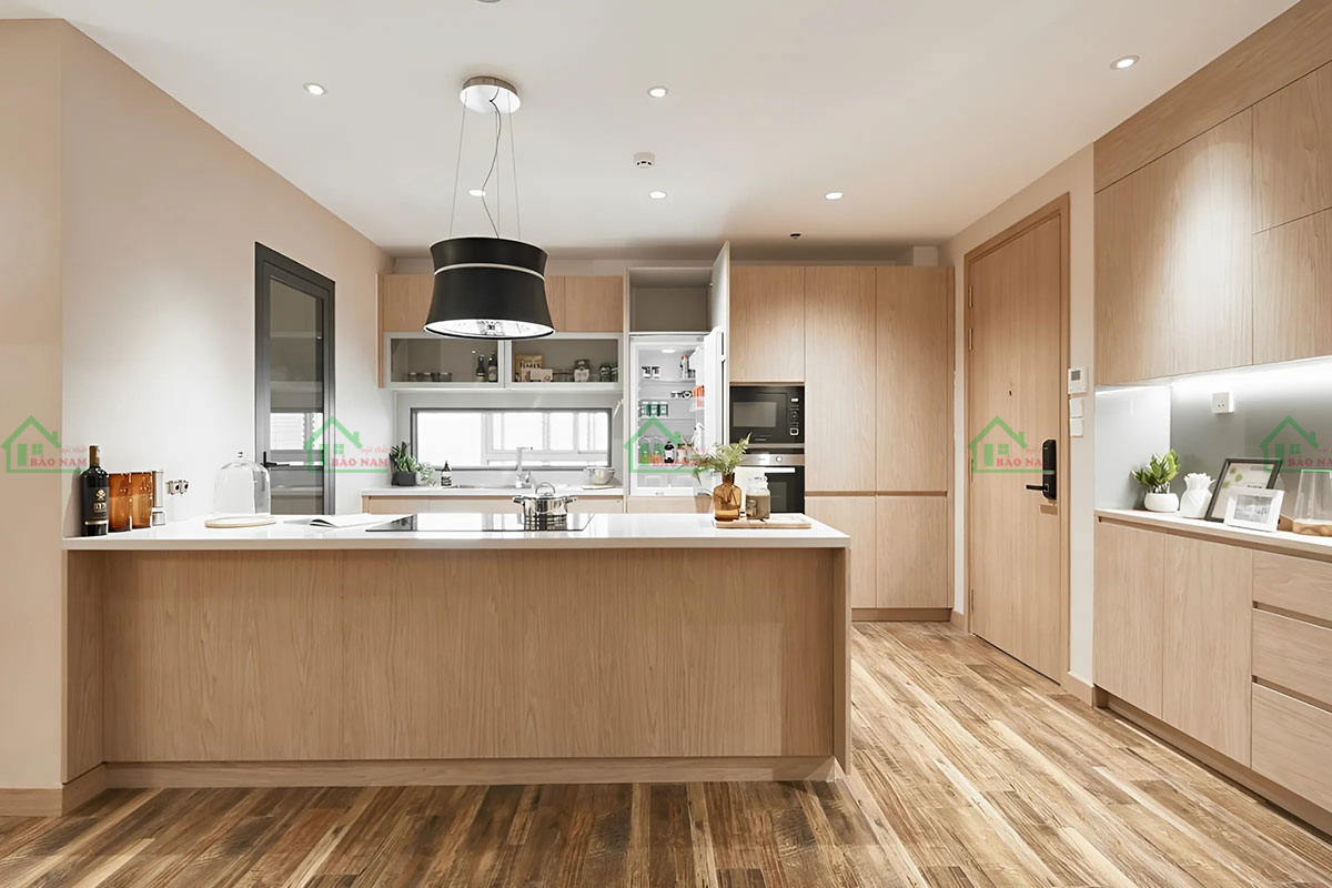 Tủ Bếp MDF Phủ Veneer Vân Gỗ