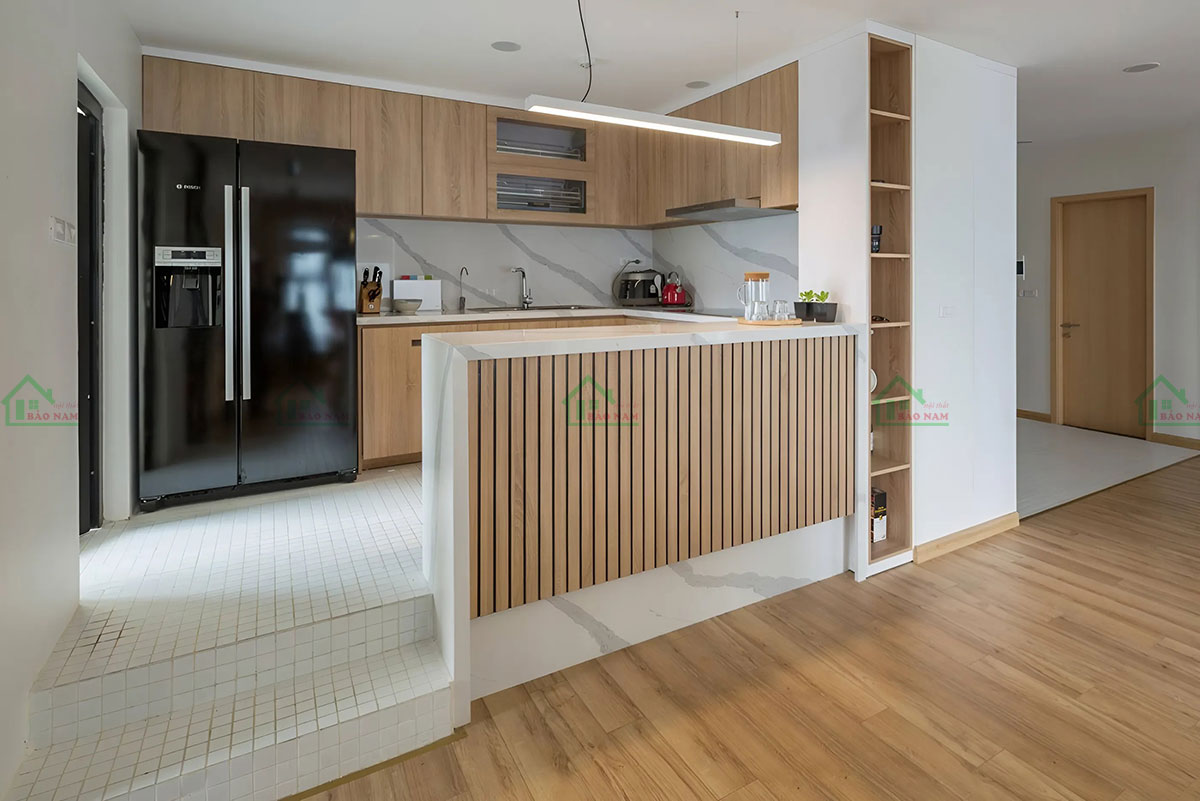 Tủ bếp Melamine vân gỗ tự nhiên, mang đến vẻ đẹp gần gũi, sang trọng và ấm áp cho không gian bếp
