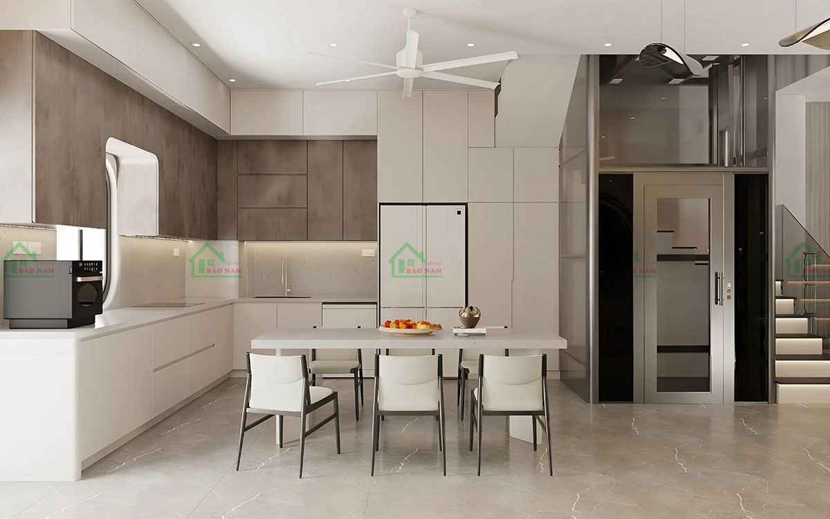 Tủ bếp Melamine gam màu be ấp áp, tạo không gian bếp ấm cúng và gần gũi