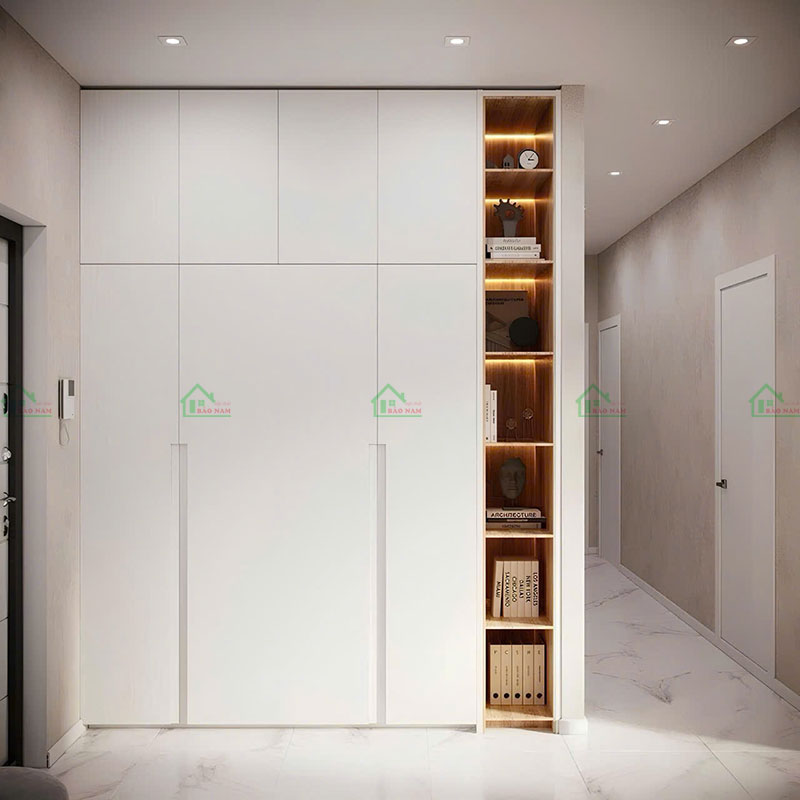 Tủ quần áo âm tường kết hợp kệ trang trí túi xách và đồ decor