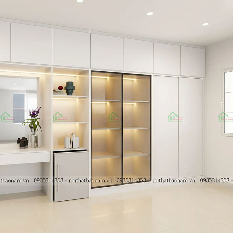 Tủ quần áo kịch trần cánh lùa hiện đại với ngăn kéo và kệ