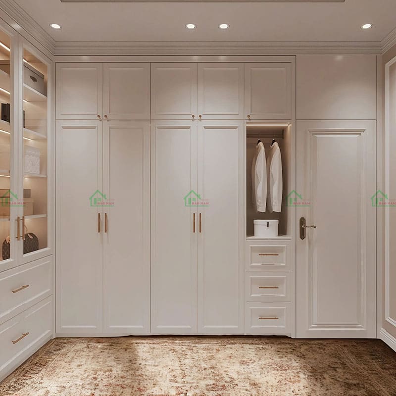 Tủ quần áo kịch trần kết hợp kệ trang trí phong cách tân cổ điển