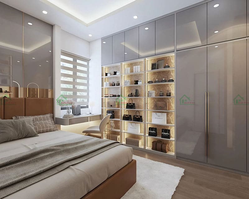 Thiết kế tủ quần áo acrylic bóng gương sang trọng, tích hợp kệ trưng bày