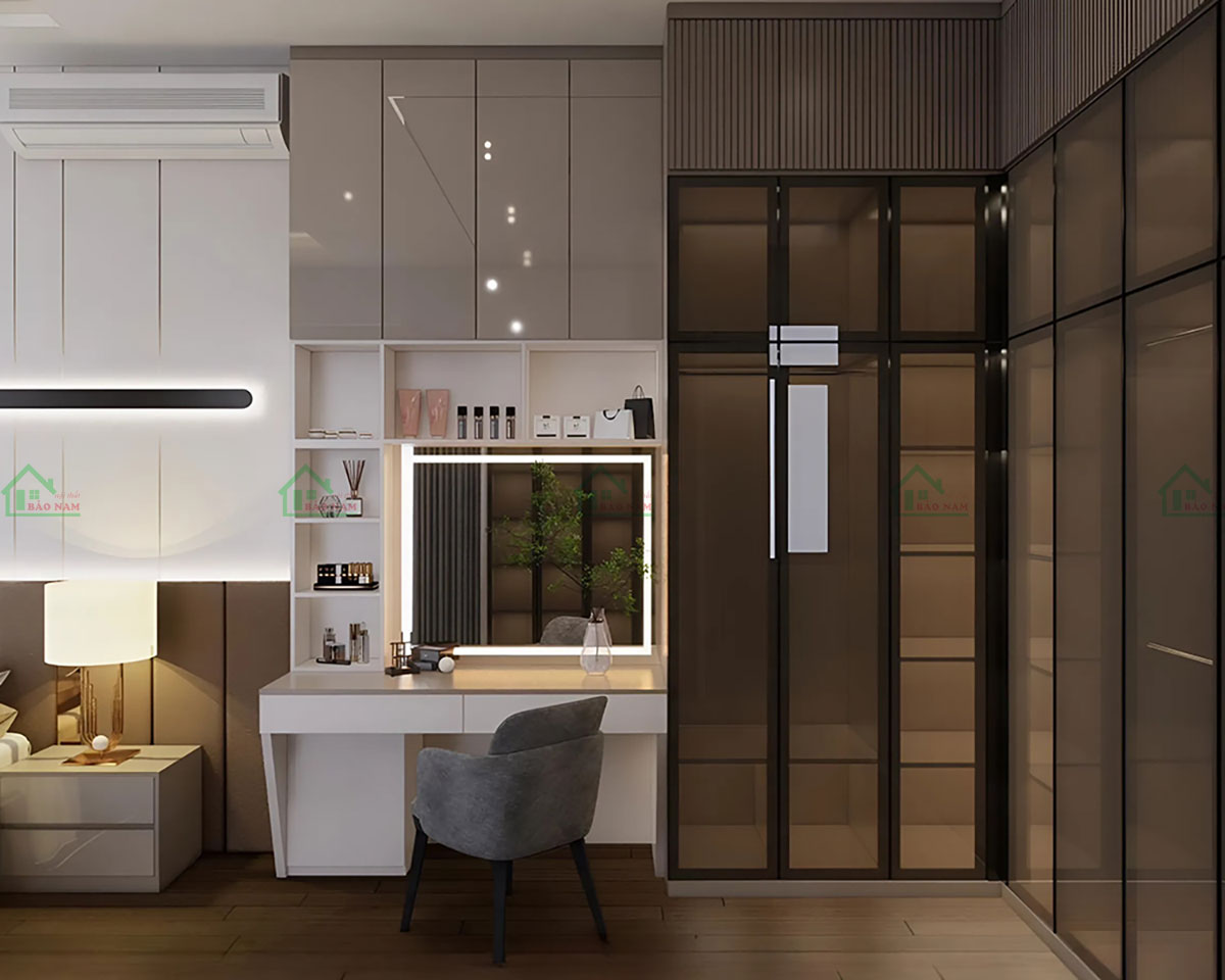 Tủ quần áo kết hợp bàn phấn, hoàn hảo cho việc lưu trữ và trang điểm.