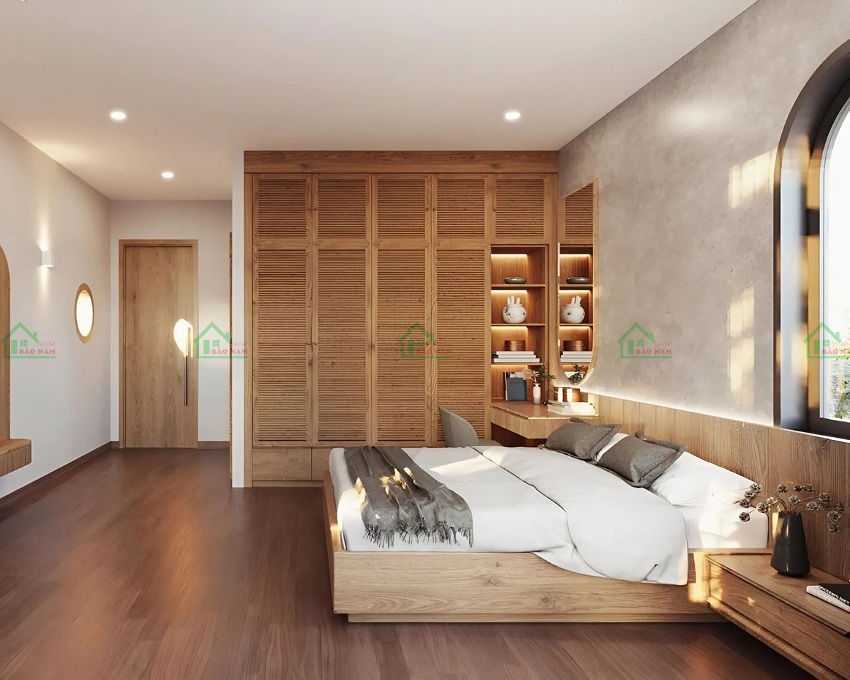 Tủ quần áo bằng gỗ tự nhiên, mang lại cảm giác ấm cúng cho phòng ngủ.